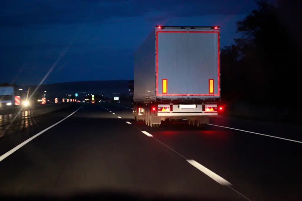 A trailer running ahead on a motorway after dark, tail lights lit